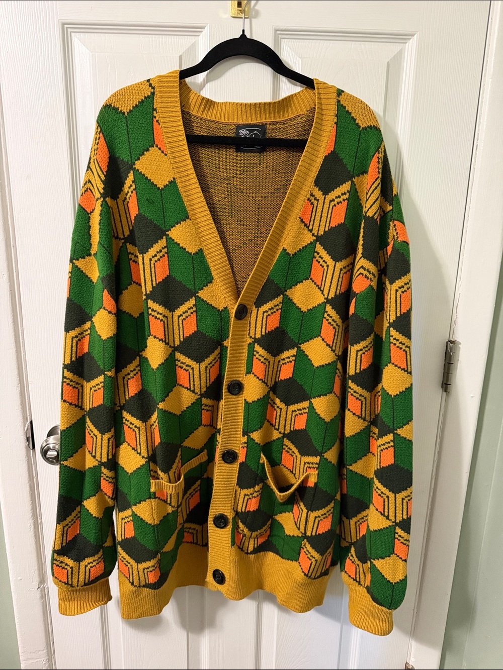Men's Geometric Knit Cardigan Sweater in Mustard and Green - Demon Slayer